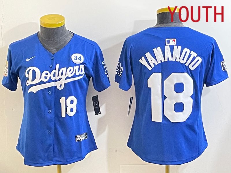Youth Los Angeles Dodgers #18 Yamamoto Blue Game 2024 Nike MLB Jersey style 11212->youth mlb jersey->Youth Jersey